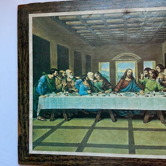 Vintage Mid Century print of The Last Supper on particle board wall hanging - Picture 2 of 6
